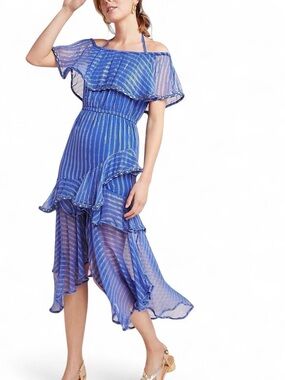 Blue Anthropologie Off-Shoulder Ruffled Midi Dress